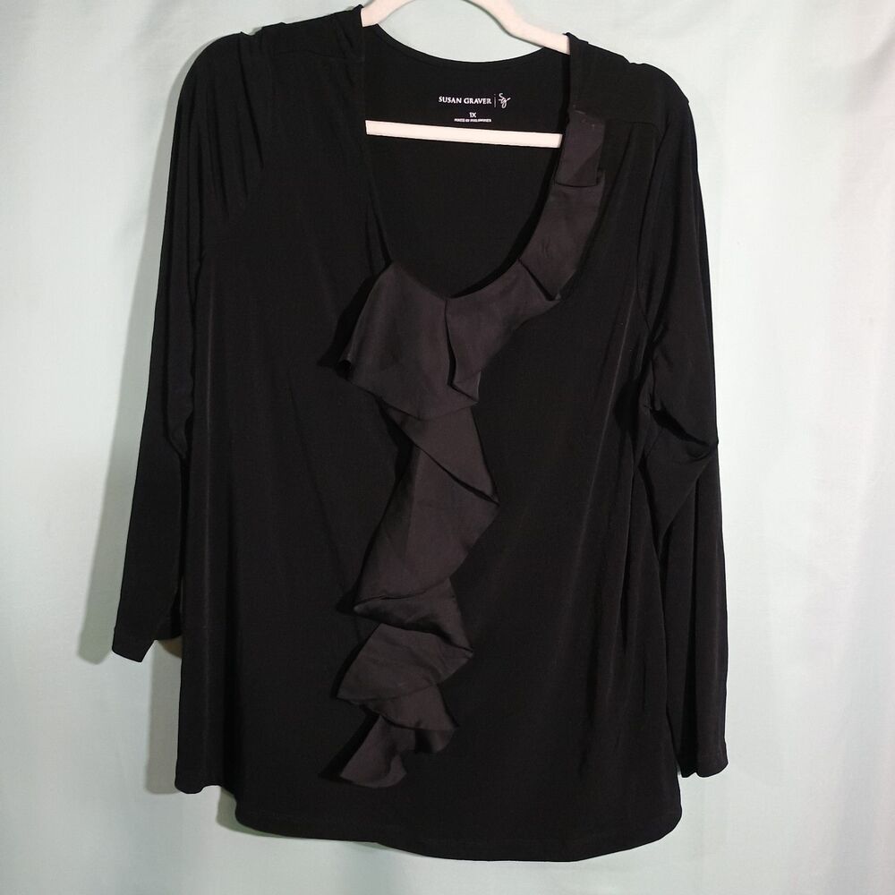 Susan Graver Black Ruffle Top Long Sleeve Layered Front Blouse Dressy 1X